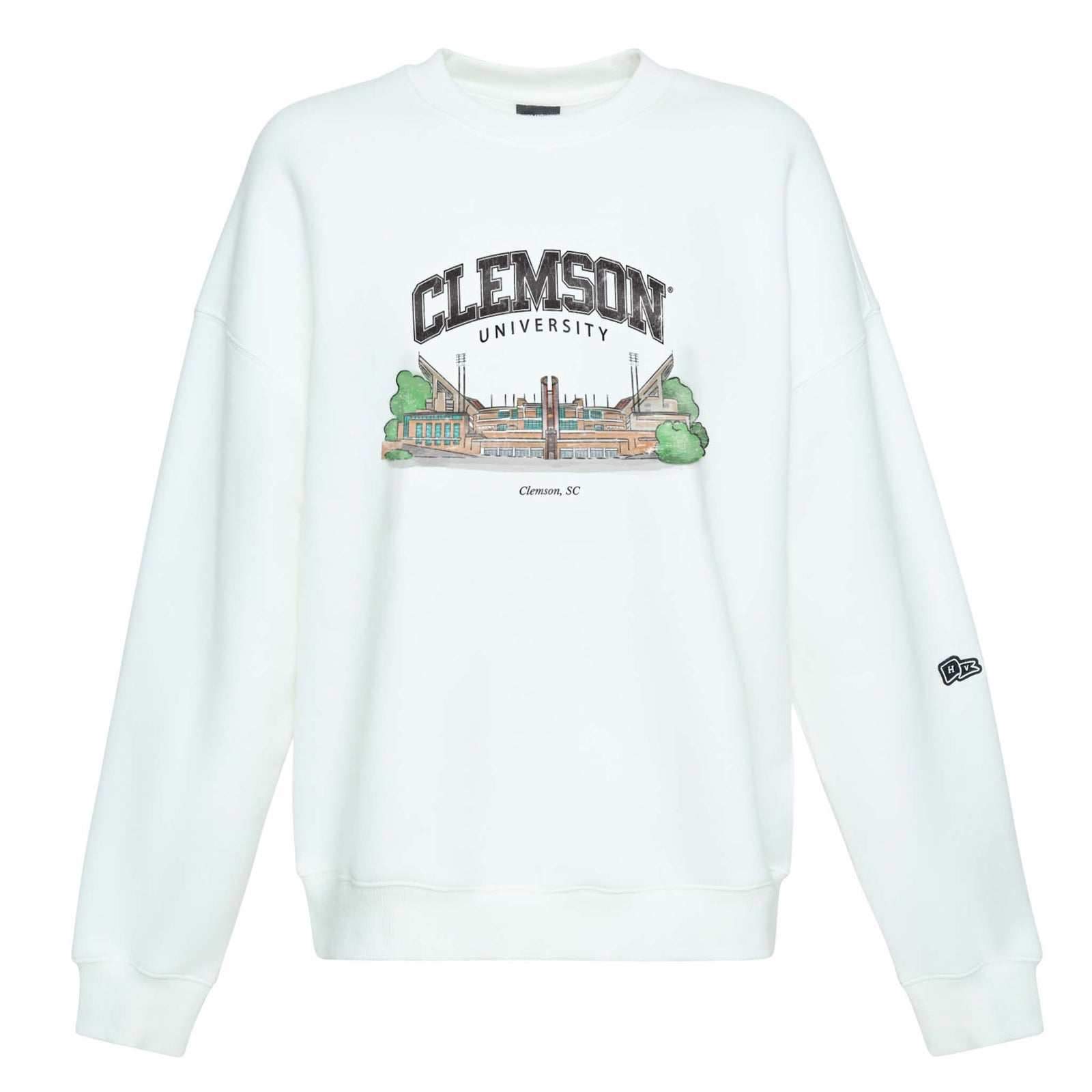 Front view of white crewneck sweatshirt with Clemson University stadium illustration graphic and New Era logo on sleeve.