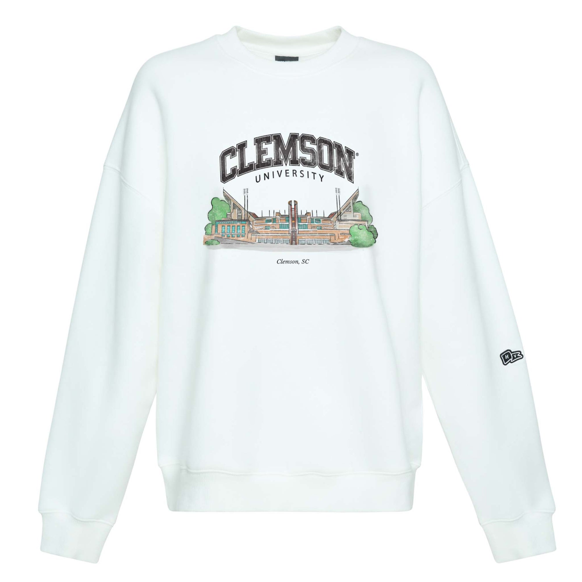 Front view of white crewneck sweatshirt with Clemson University stadium illustration graphic and New Era logo on sleeve.