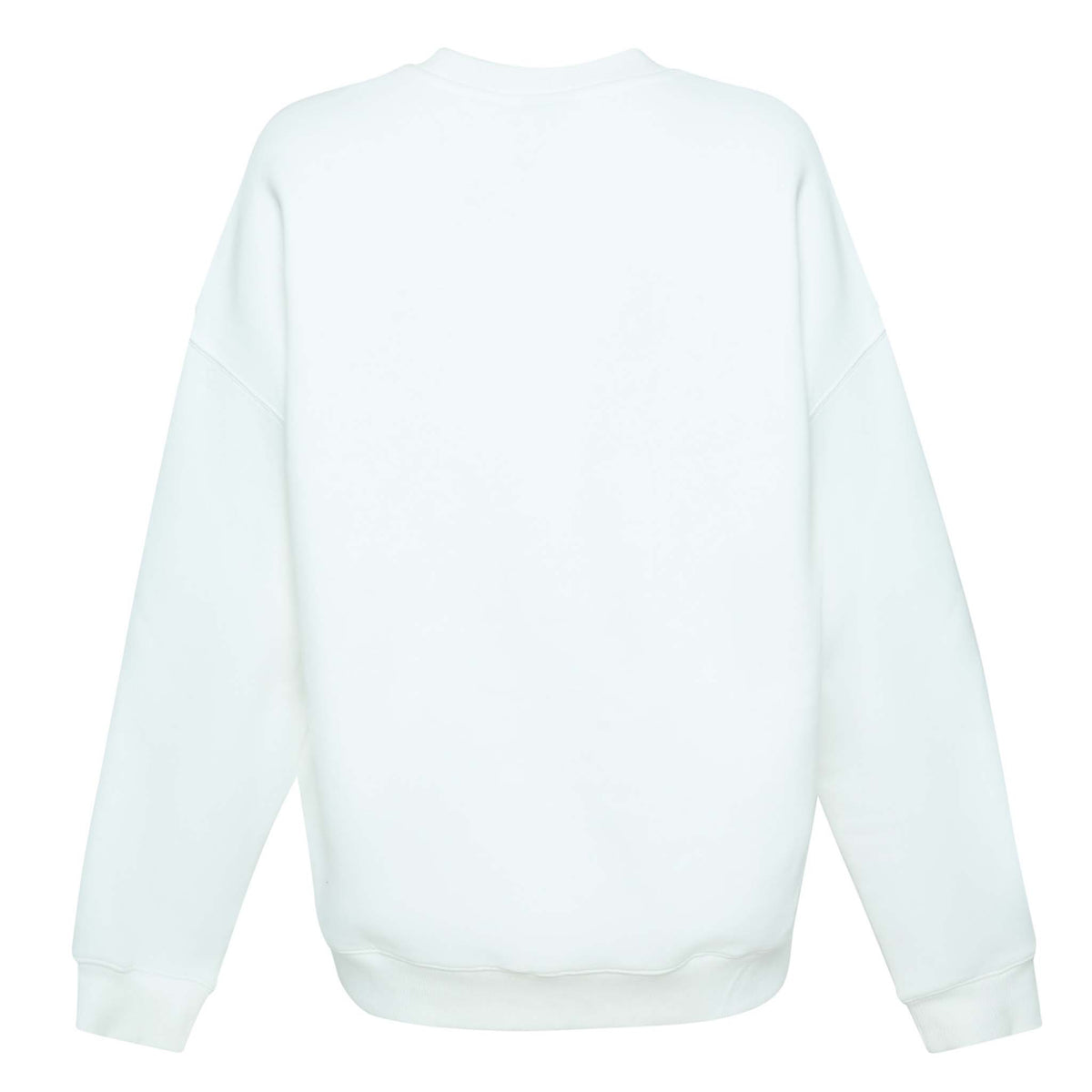 Back view of plain white crewneck sweatshirt with no graphics.