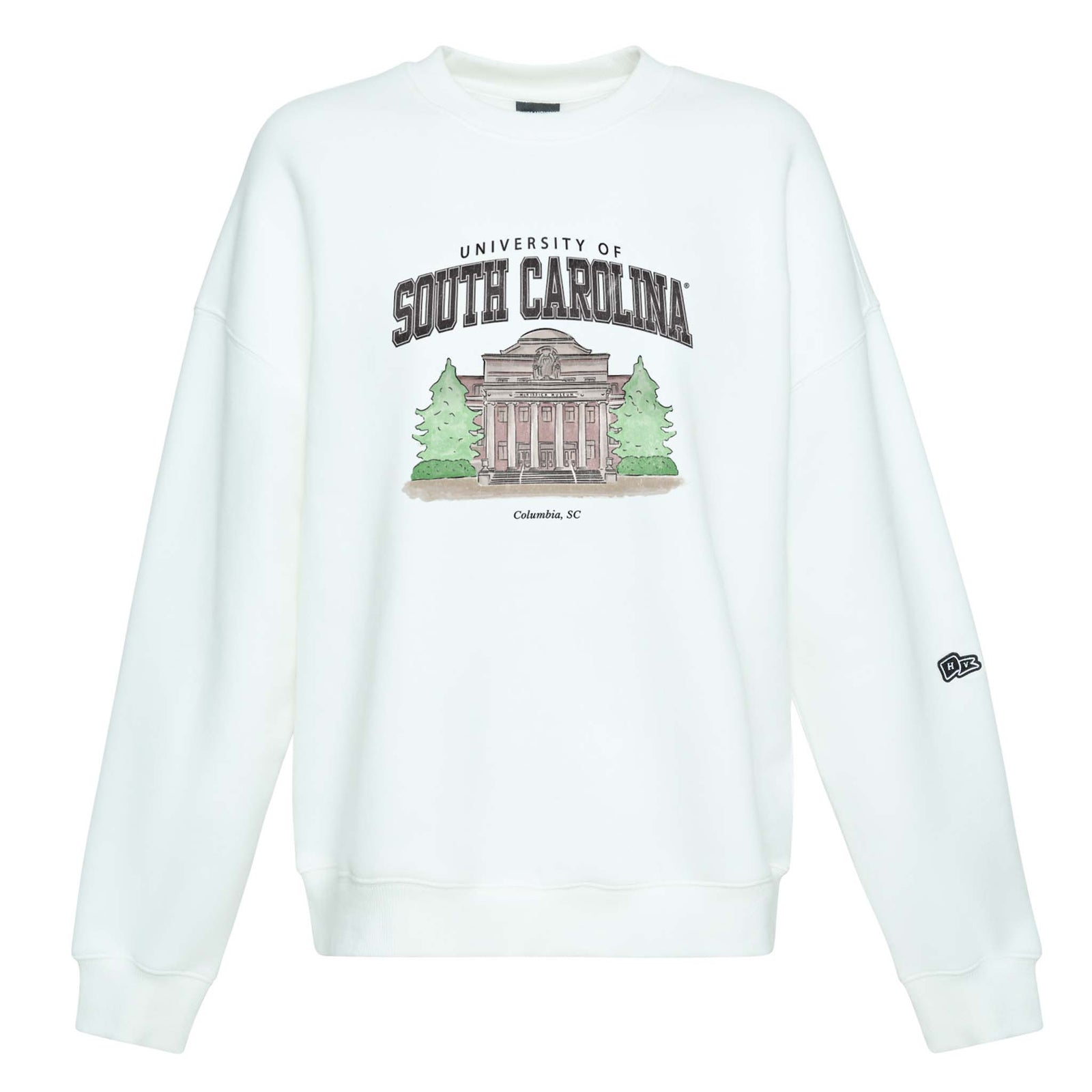 Front view of white crewneck sweatshirt with University of South Carolina campus building illustration and New Era logo on sleeve.