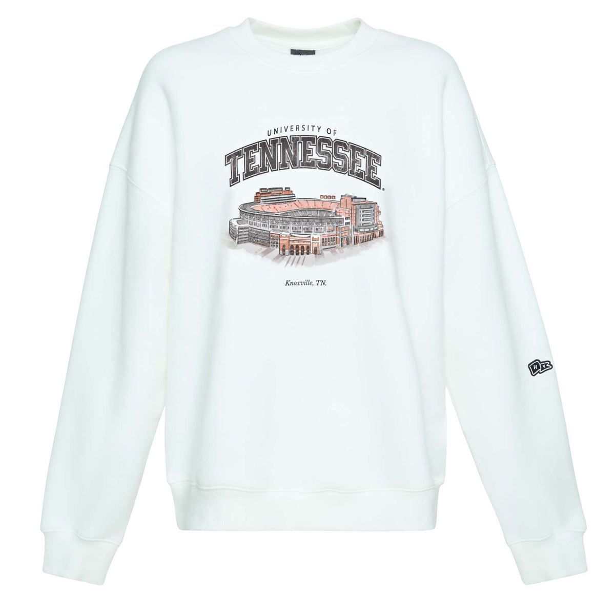Front view of white crewneck sweatshirt with University of Tennessee Neyland Stadium illustration and New Era logo on sleeve.