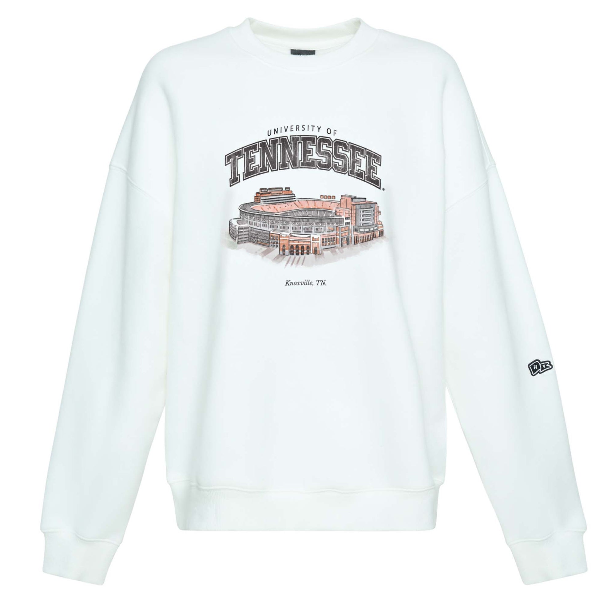 Front view of white crewneck sweatshirt with University of Tennessee Neyland Stadium illustration and New Era logo on sleeve.