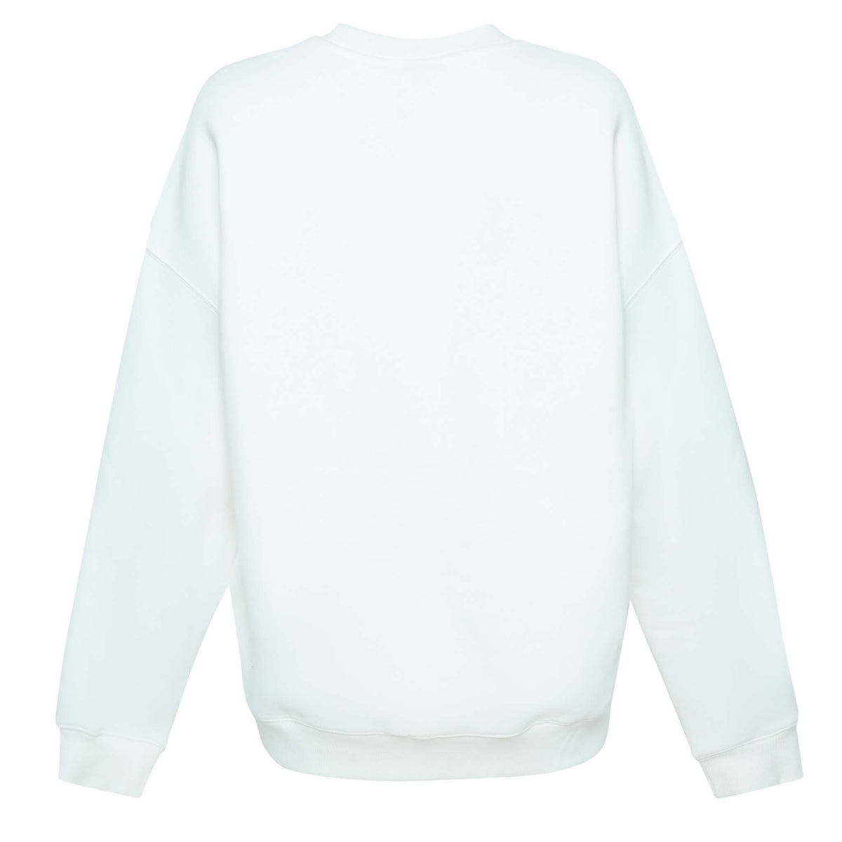Back view of plain white crewneck sweatshirt with no graphics.