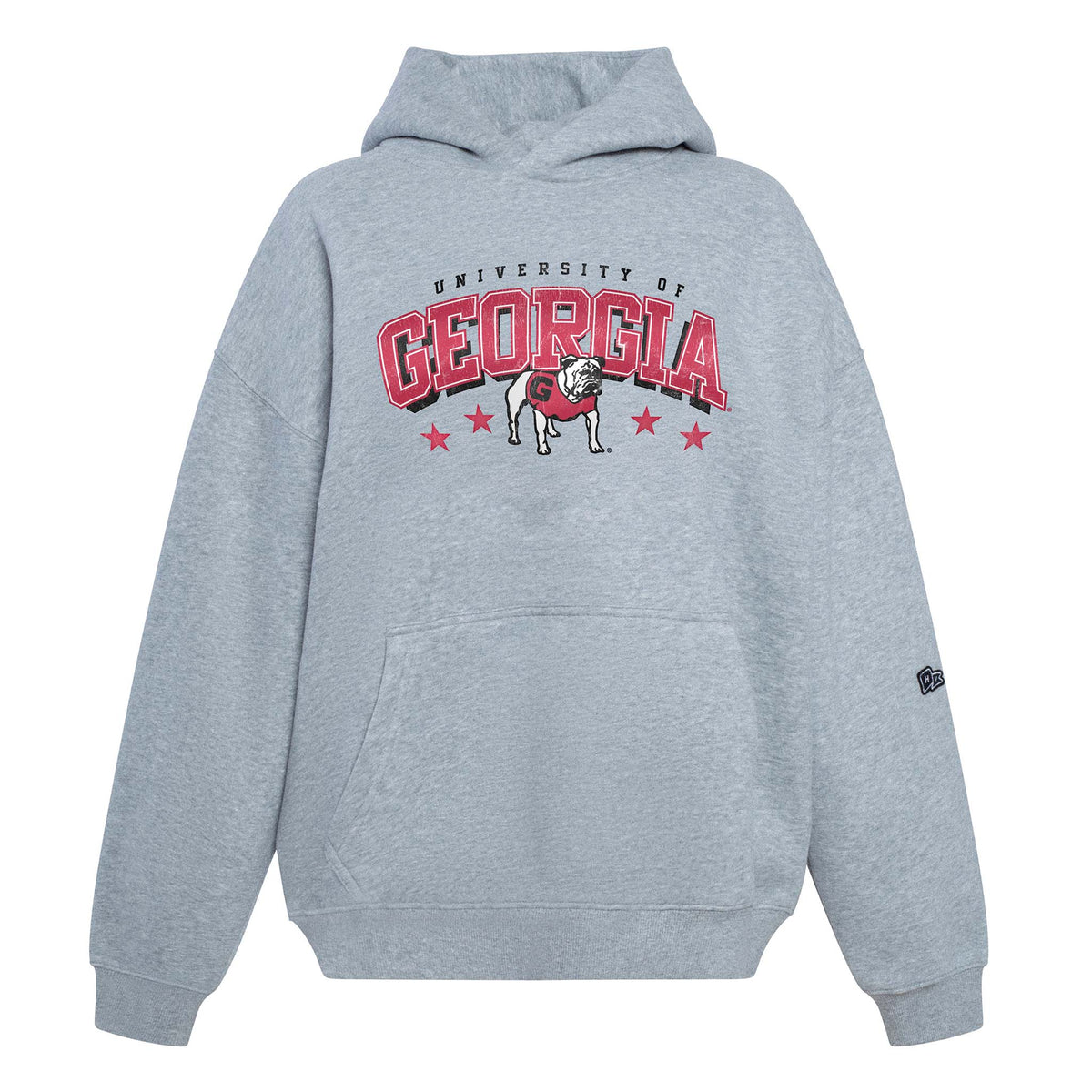 Front of grey hoodie with bold "University of Georgia" text, bulldog mascot, and red stars; back of hoodie shown plain with hood up.