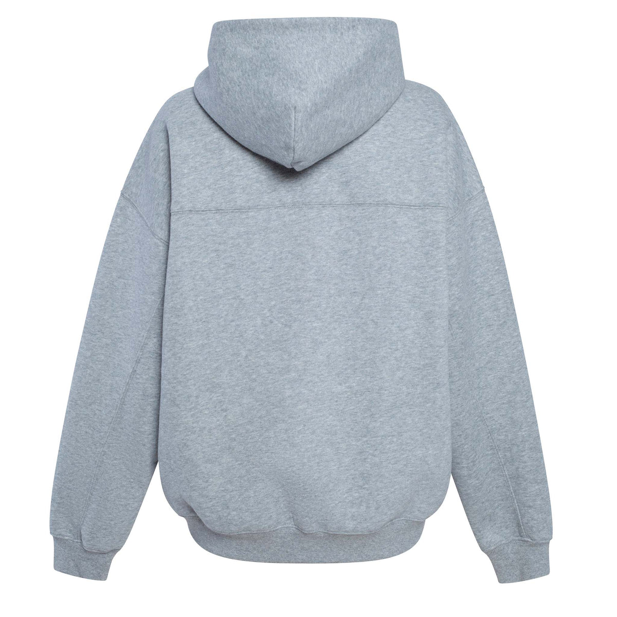 back of grey hoodie shown plain with hood up.