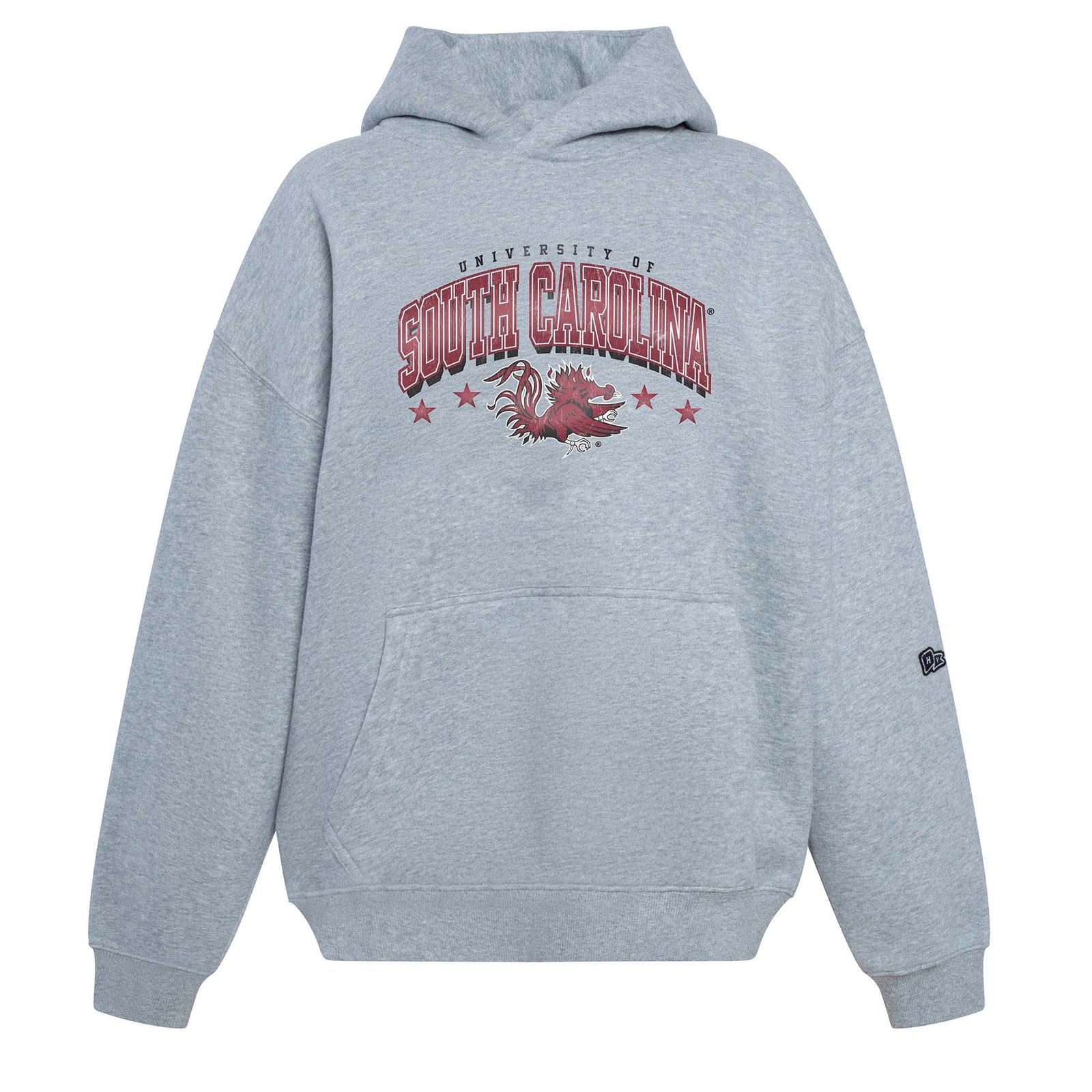 Front view of grey University of South Carolina hoodie with arched text and Gamecock mascot graphic.