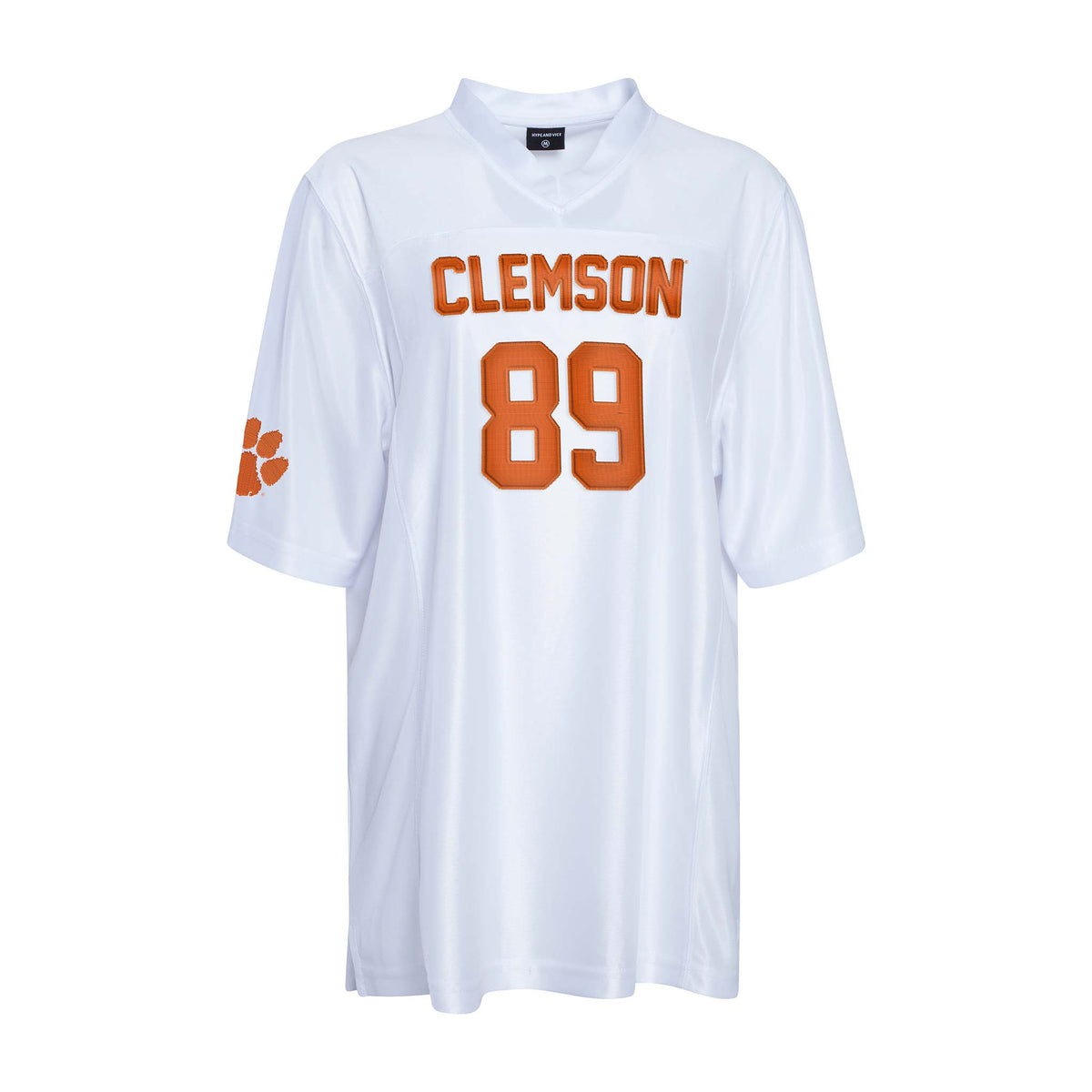 Front view of white Clemson Tigers unisex jersey with orange “Clemson” text, number 89, and paw logo on sleeve.