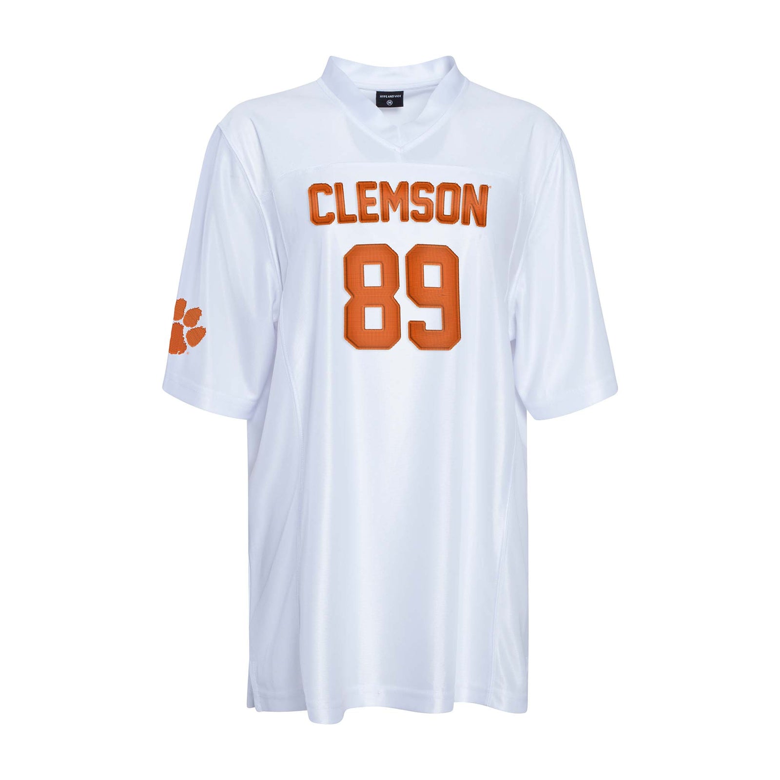 Front view of white Clemson Tigers unisex jersey with orange “Clemson” text, number 89, and paw logo on sleeve.