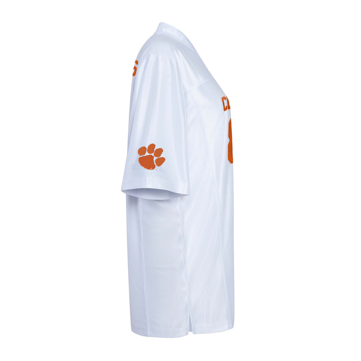 Side view of white Clemson Tigers unisex jersey showing orange paw logo on sleeve.