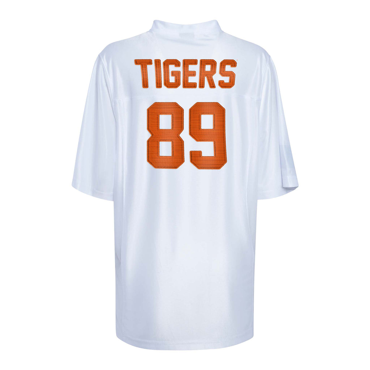 Back view of white Clemson Tigers unisex jersey with orange “Tigers” text and number 89.