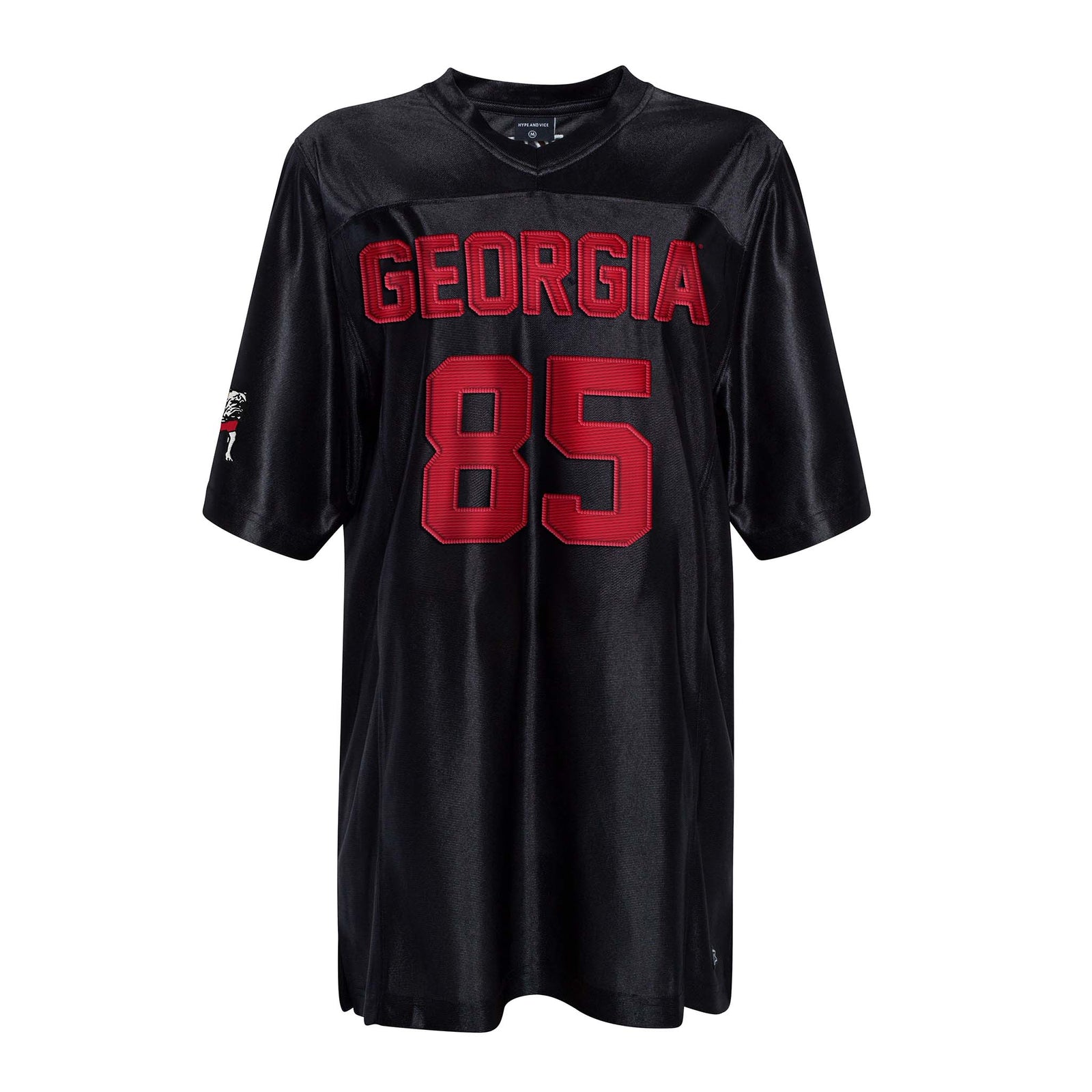 Front view of black Georgia Bulldogs unisex jersey with red “Georgia” text, number 85, and Bulldog mascot logo on sleeve.