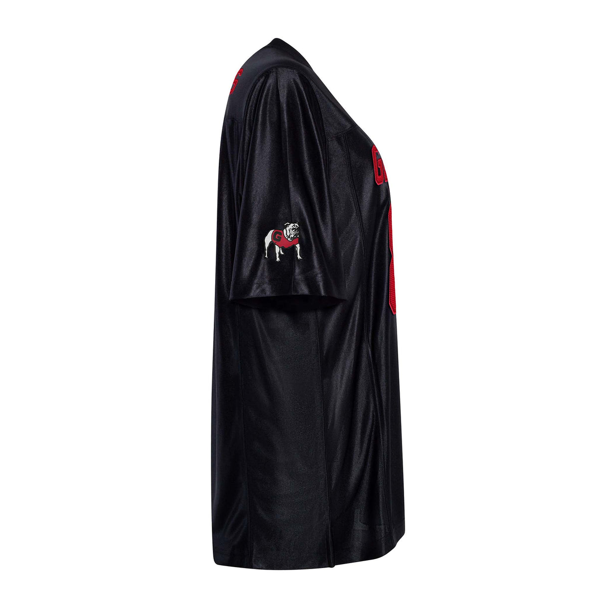 Side view of black Georgia Bulldogs unisex jersey showing Bulldog mascot logo on sleeve.