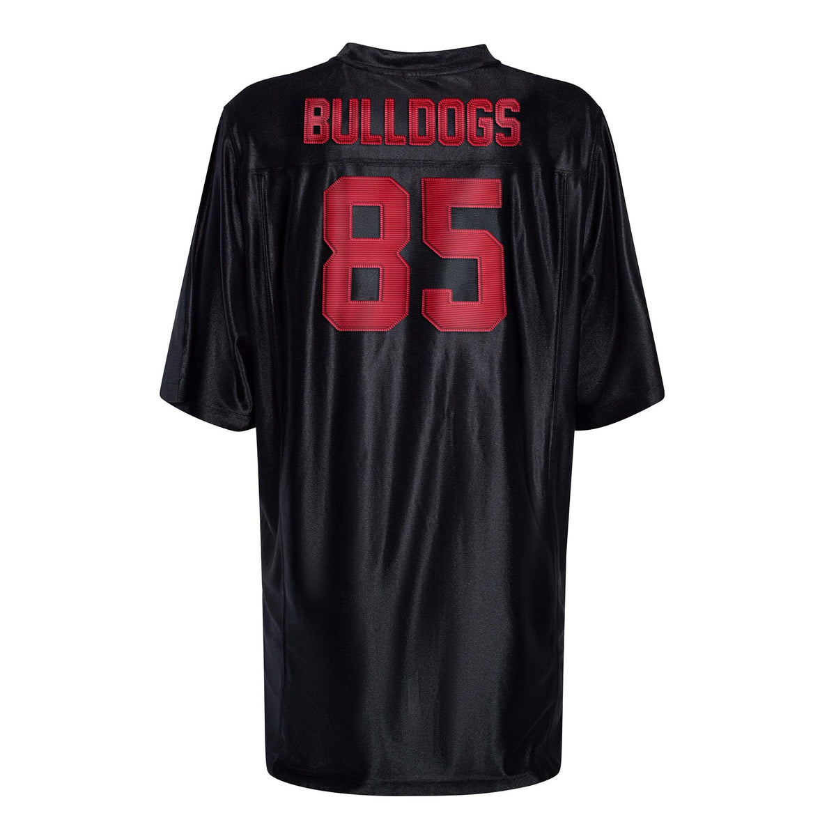 Back view of black Georgia Bulldogs unisex jersey with red “Bulldogs” text and number 85.