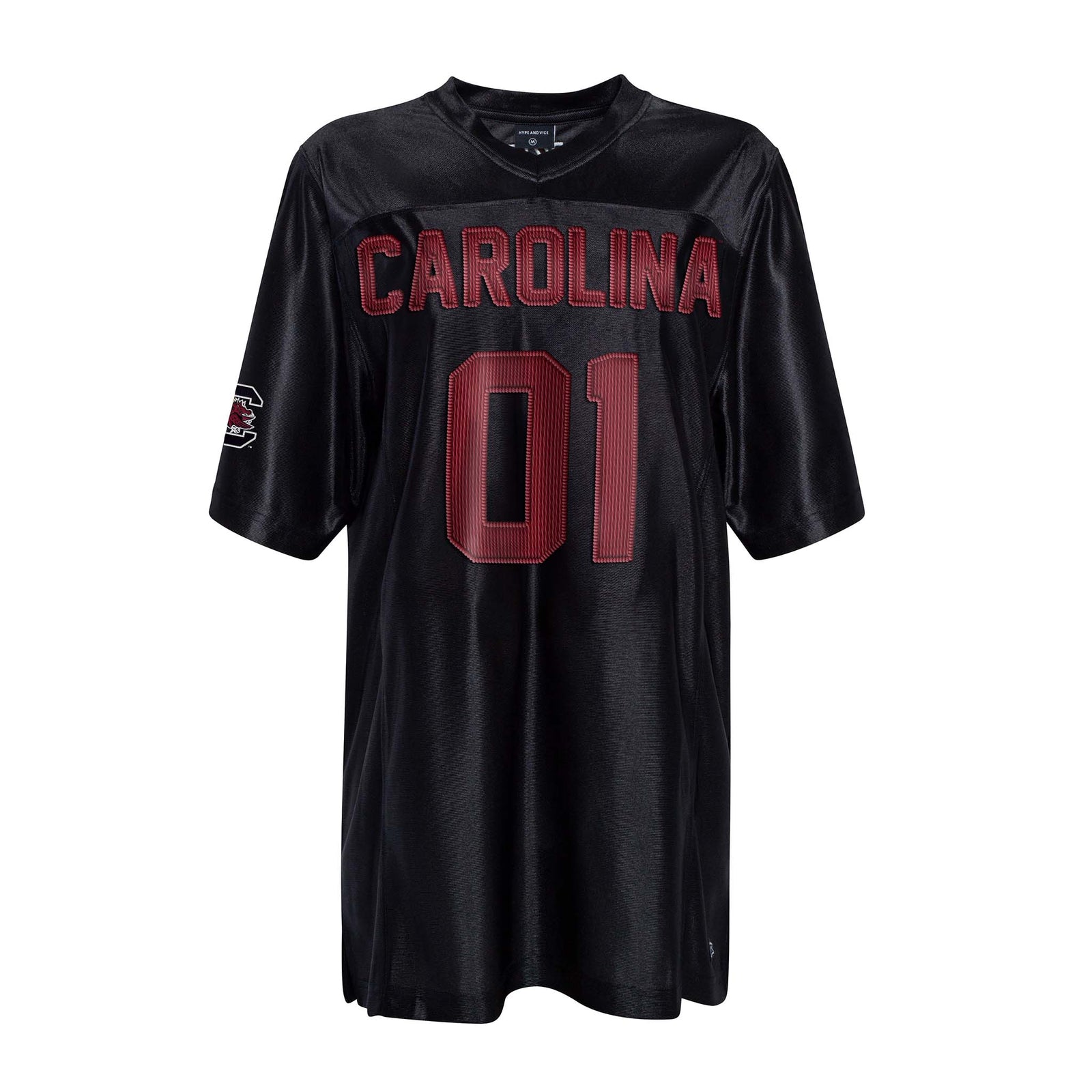 University of South Carolina black unisex jersey front with red “CAROLINA” and #01 lettering.
