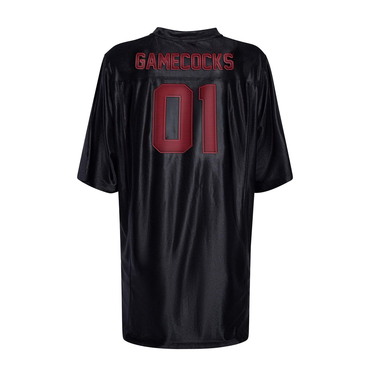 University of South Carolina black unisex jersey back with red “CAROLINA” and #01 lettering.