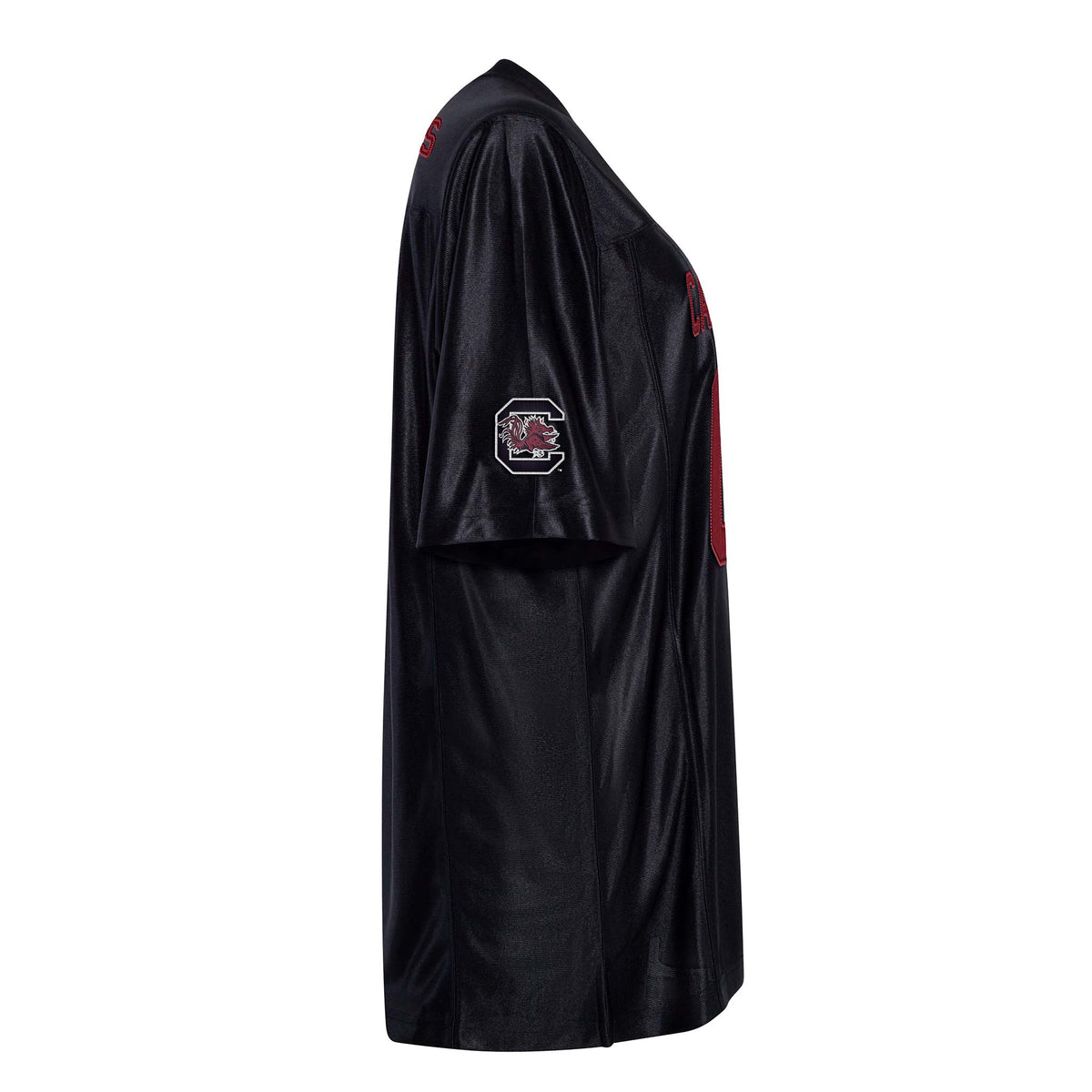 University of South Carolina black unisex jersey side with red “CAROLINA” and #01 lettering.