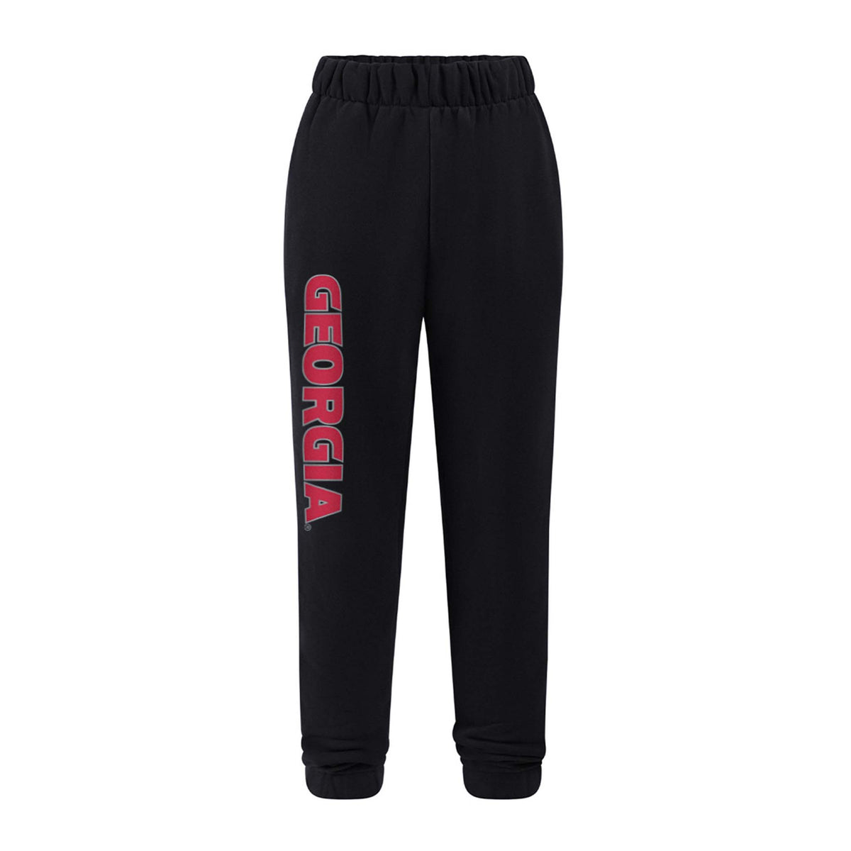 Black fleece sweatpants with bold red "GEORGIA" text down the left leg.