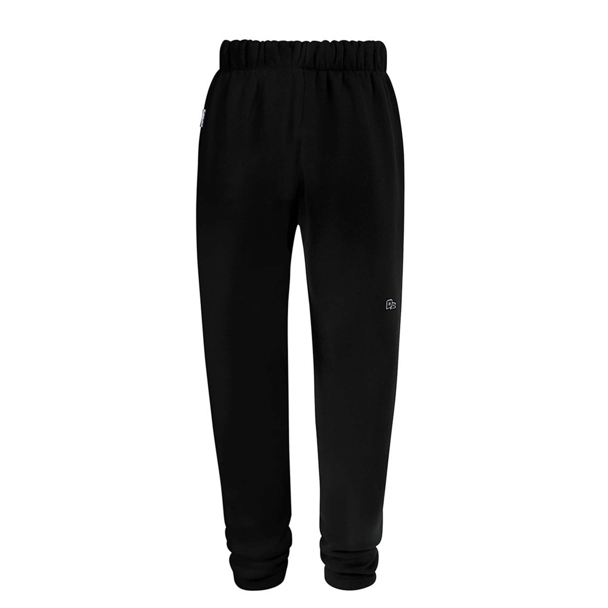 Black fleece sweatpants back view with plain design and elastic waistband.