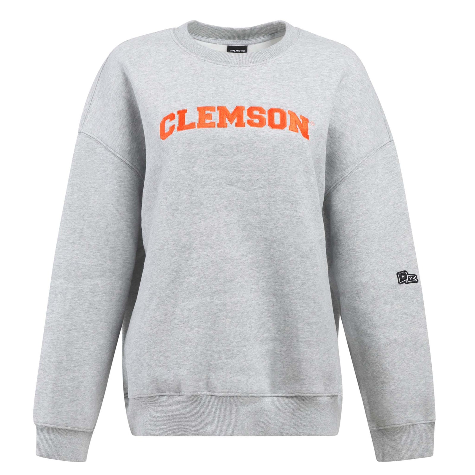 Heather grey crewneck sweatshirt with bold orange "Clemson" text across the chest.