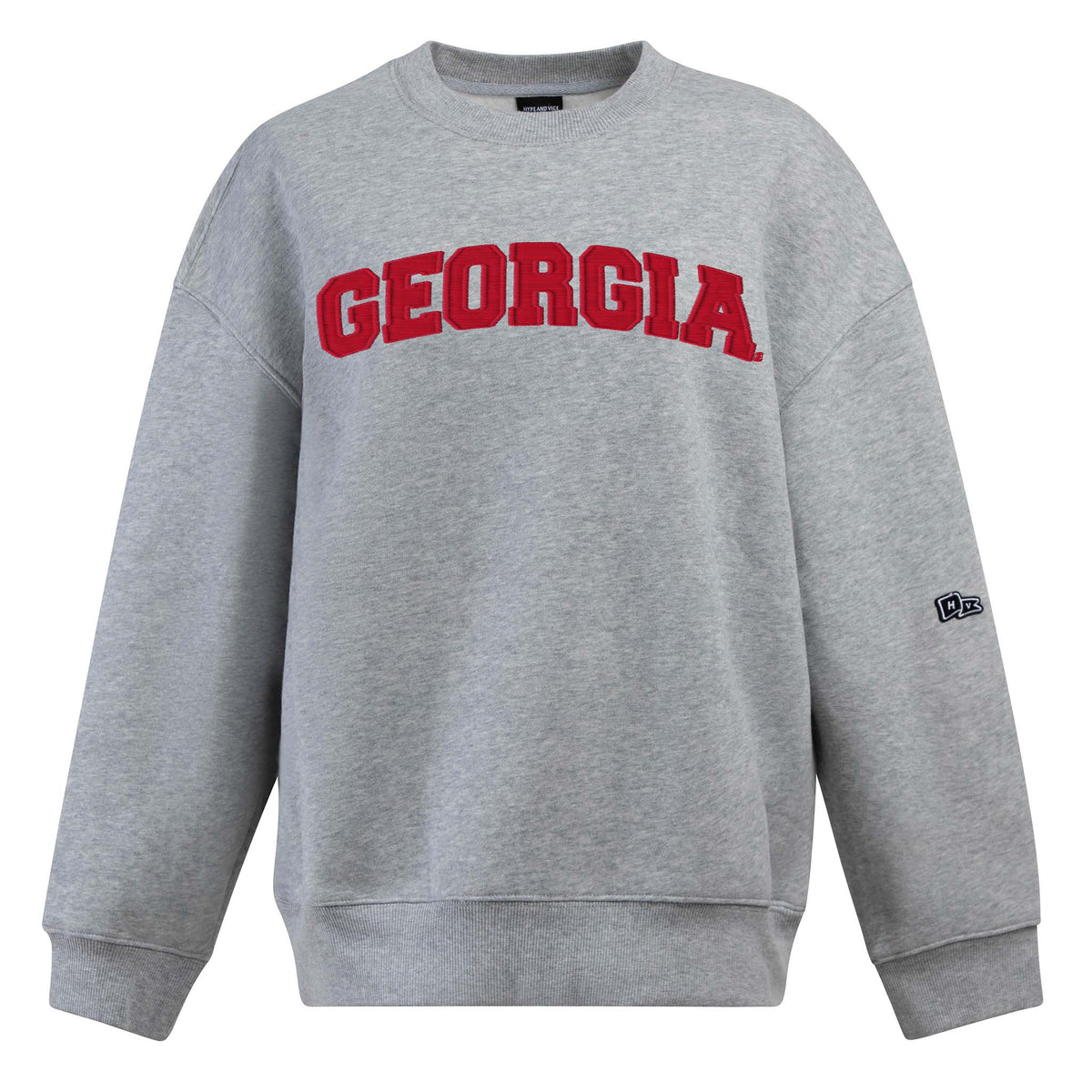 Front view of grey crewneck sweatshirt with bold red “GEORGIA” embroidered across the chest and ribbed cuffs