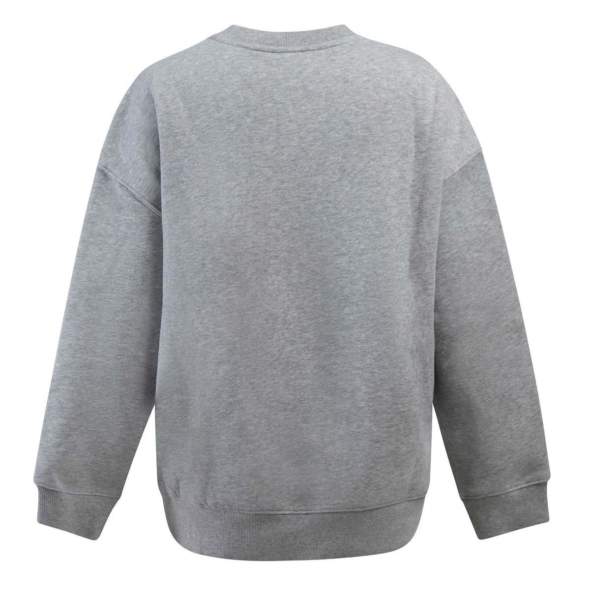 Back view of solid grey crewneck sweatshirt with dropped shoulder seams and relaxed fit
