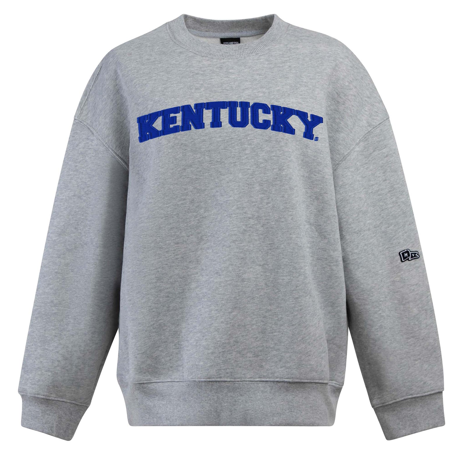 Front view of heather grey crewneck sweatshirt with bold blue "Kentucky" text across the chest.