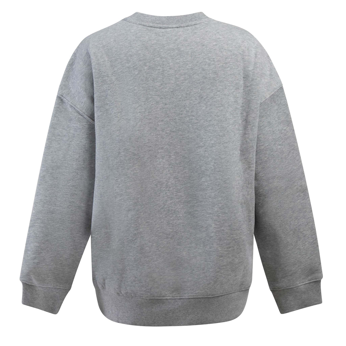 Back view of plain heather grey crewneck sweatshirt with ribbed cuffs and hem.