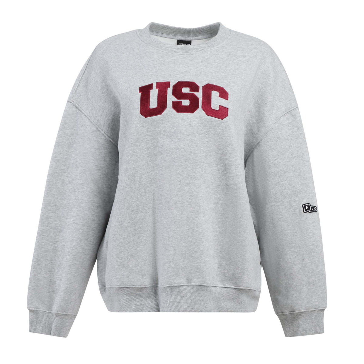 Front view of heather grey crewneck sweatshirt with bold maroon “USC” text across the chest.