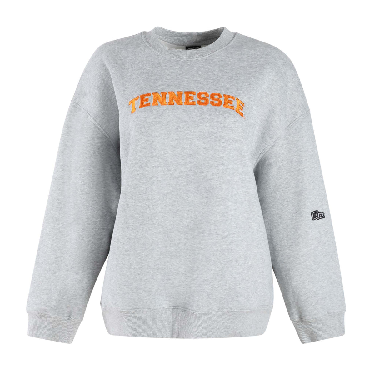 Front view of Tennessee grey crewneck sweatshirt with orange “Tennessee” embroidery across chest.