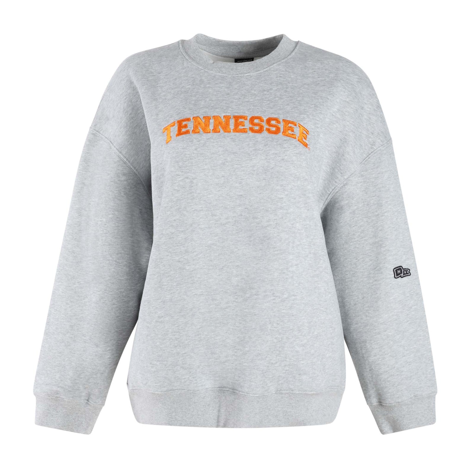 Front view of Tennessee grey crewneck sweatshirt with orange “Tennessee” embroidery across chest.