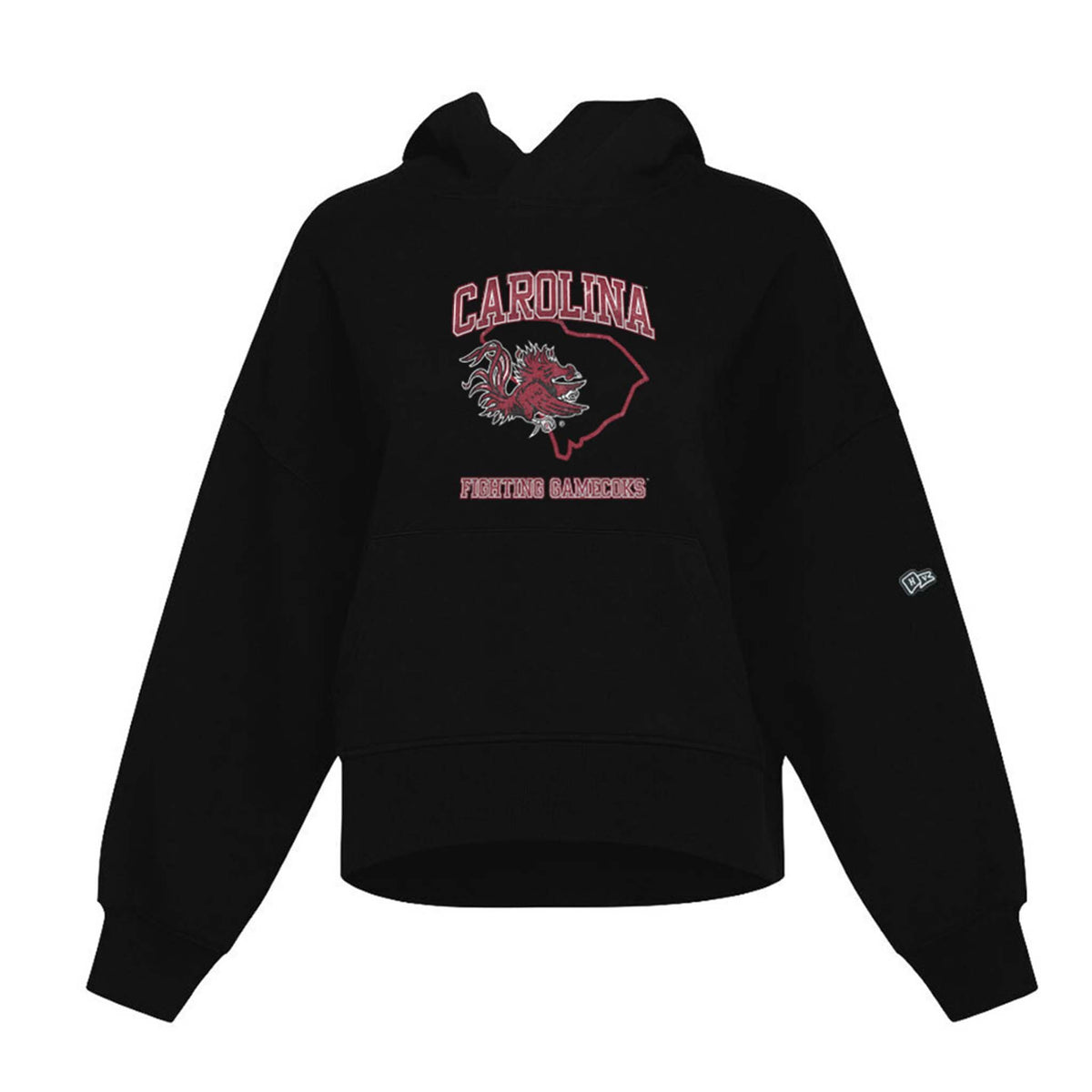 Front view of South Carolina Fighting Gamecocks black cropped hoodie with Carolina text, Gamecock logo, and state outline graphic.