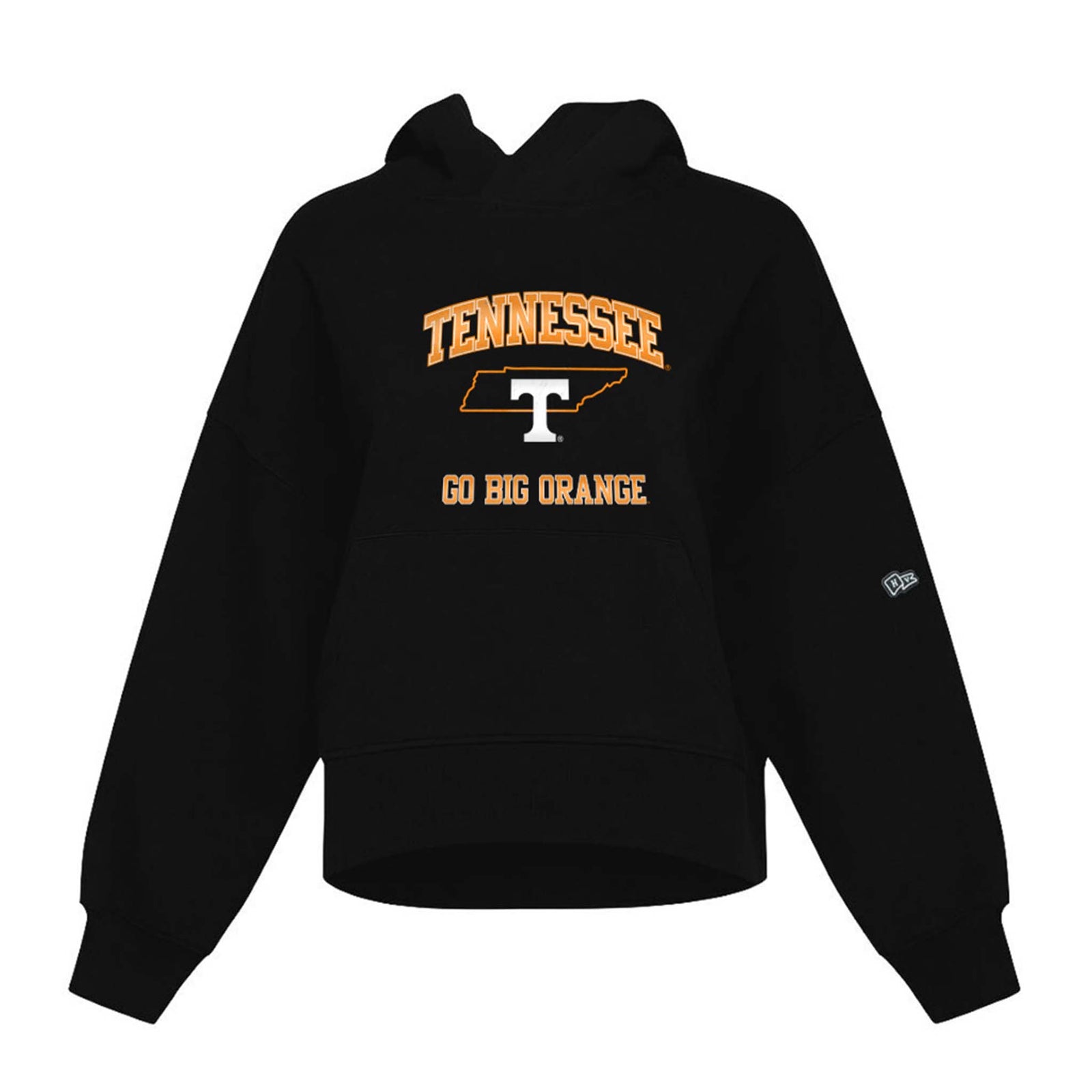 Front view of black cropped hoodie with "Tennessee Go Big Orange" and white T logo over state outline; ribbed cuffs and hem.