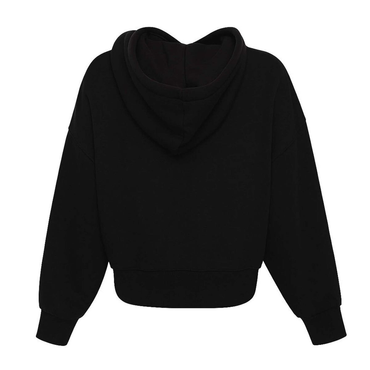 Back view of plain black cropped hoodie with hood up.