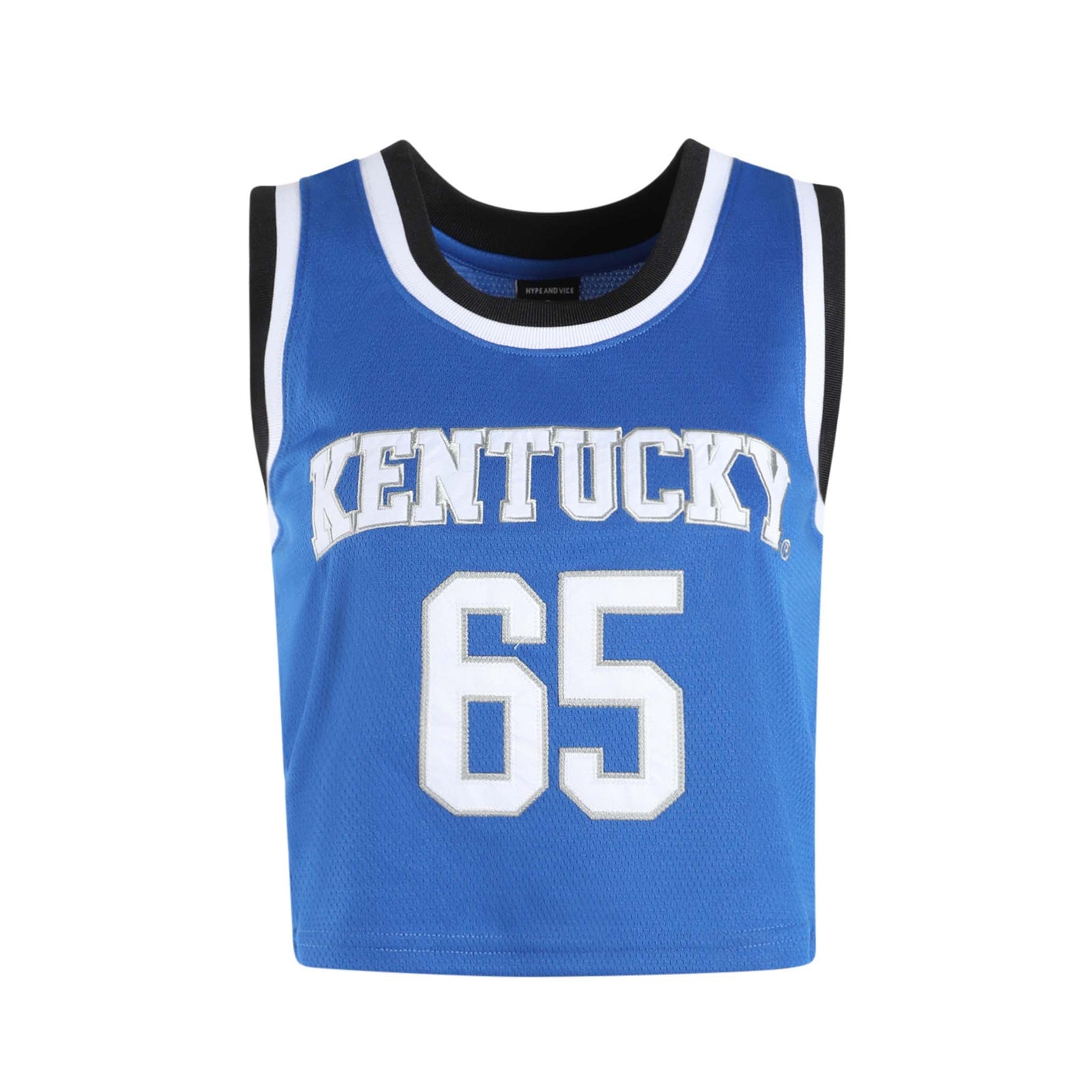 Front view of a royal blue Kentucky jersey crop tank with white "Kentucky" text and number 65, trimmed in white and black.
