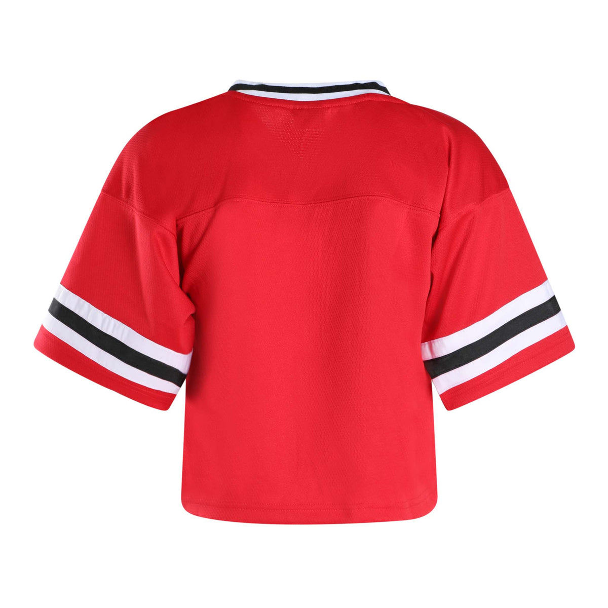 Solid red cropped football jersey with black-and-white striped sleeves and no graphics.