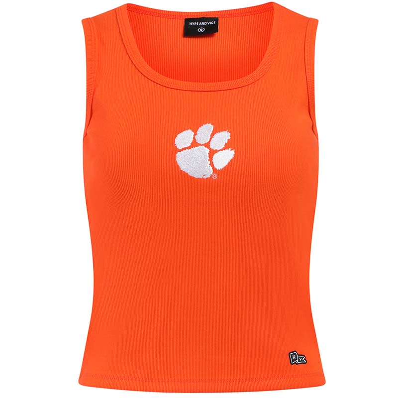 Front view of orange ribbed crop tank with white Clemson tiger paw patch at center chest and small Hype and Vice logo near the hem.