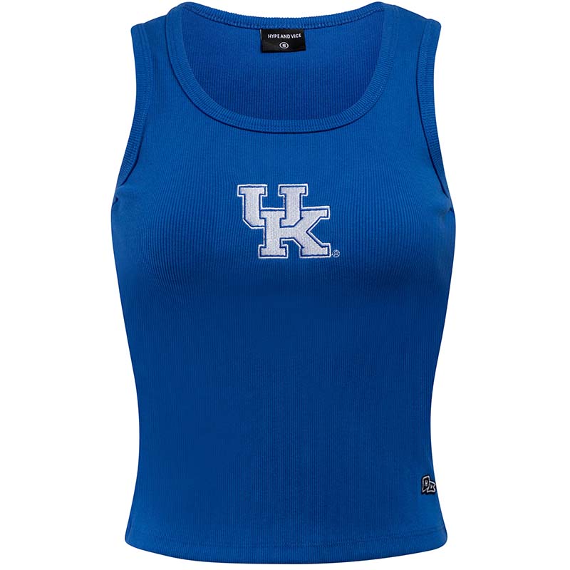 Front of royal blue Kentucky ribbed tank top with white UK logo embroidered on chest and small patch near hem.