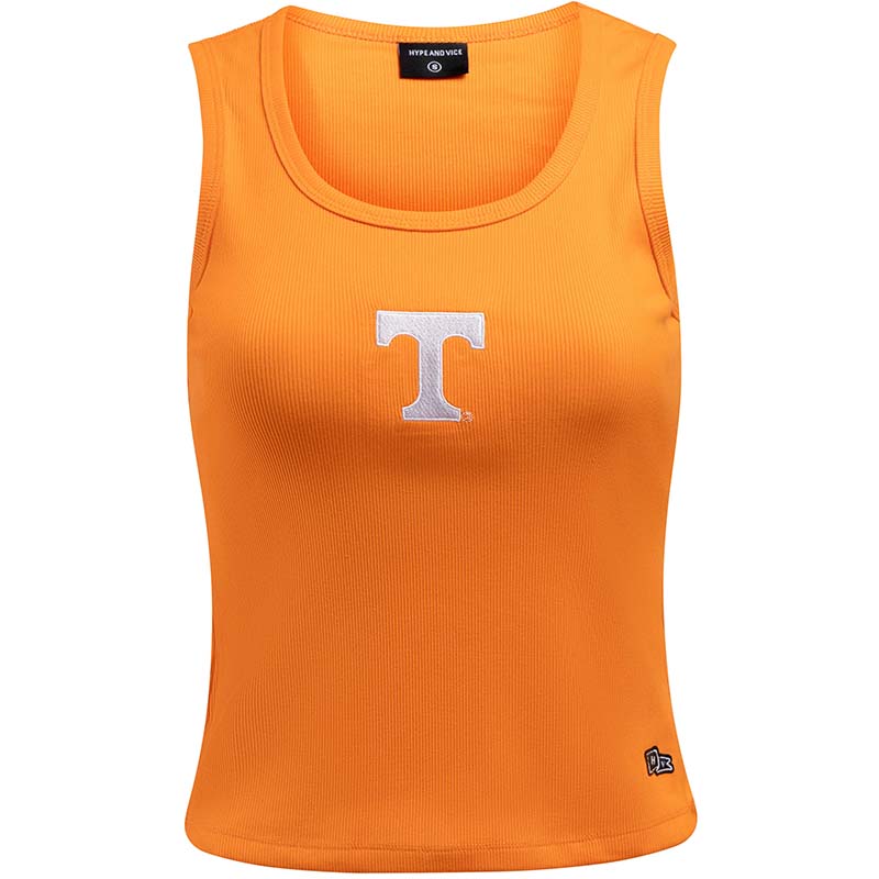 Front of Tennessee orange ribbed tank top with large white T logo embroidered on chest and branded patch near the hem.