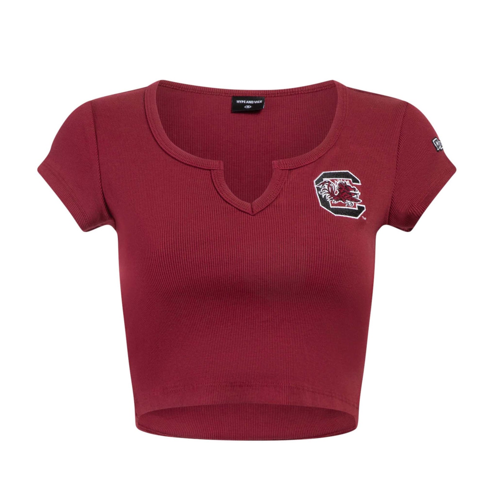 Front view of South Carolina Garnet Ribbed Crop Top with short sleeves, notched neckline, and embroidered USC logo on chest.
