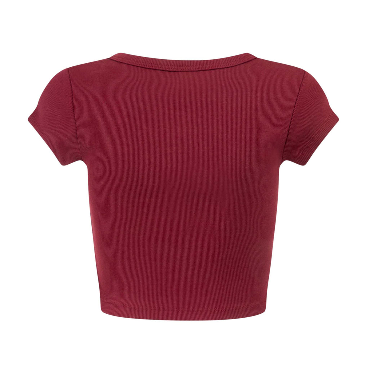 Back view of South Carolina Garnet Ribbed Crop Top in solid garnet with ribbed fabric and cropped hem.