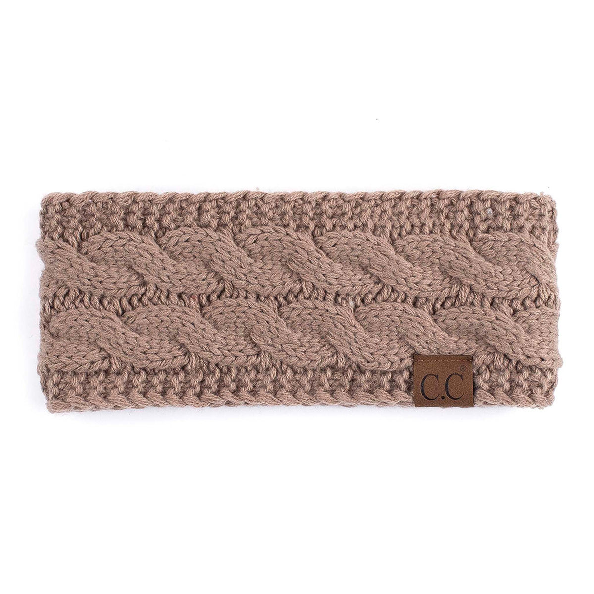 Knitted headband with braided pattern and 'CC' logo on a white background
