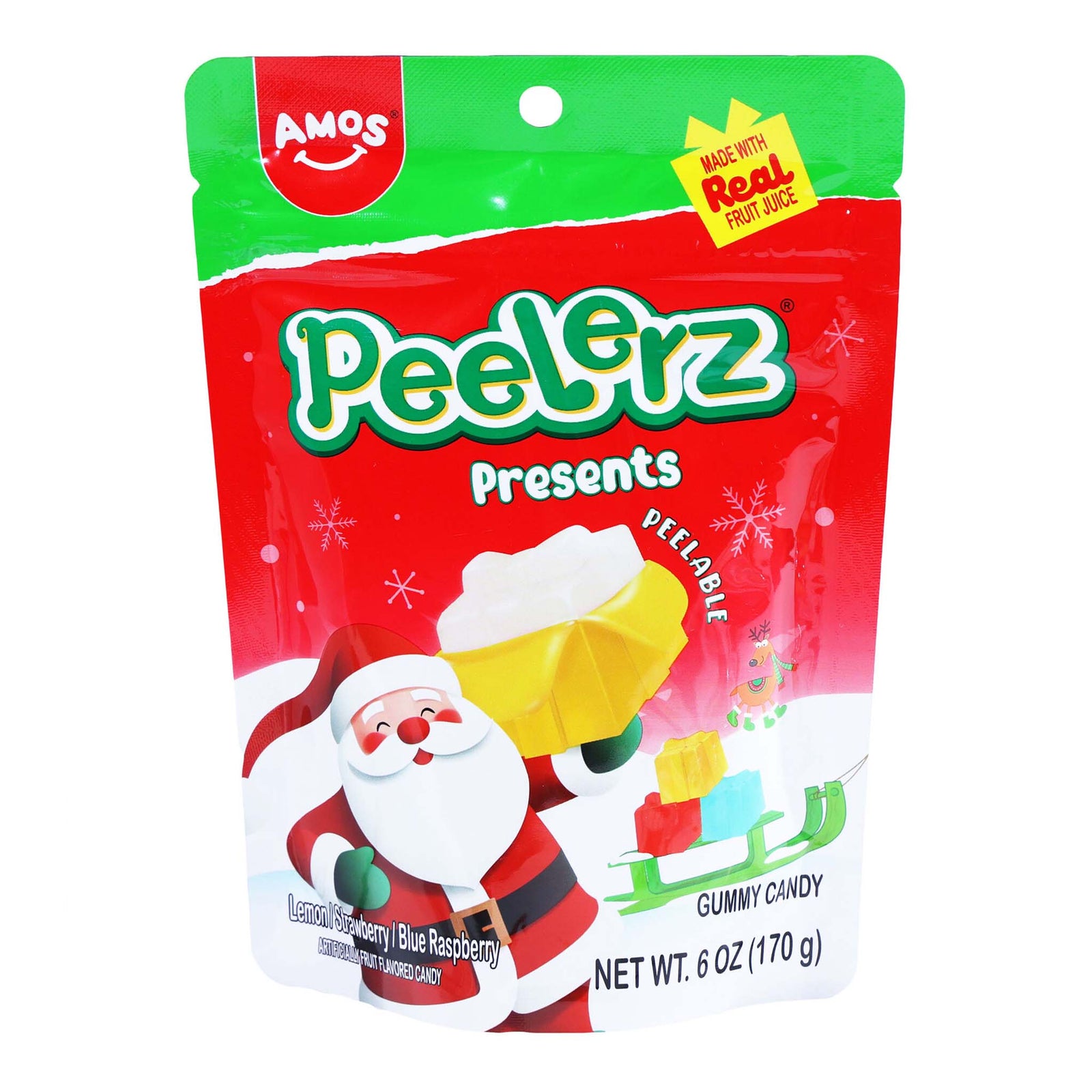 Packaging of Amos PeelErz gummy candy with Santa Claus illustration on a white background