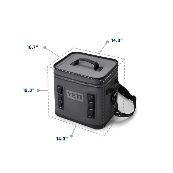 YETI Hopper Flip 12 soft cooler with lid closed showing exterior dimensions: 14.3" L x 10.7" W x 12.0" H.