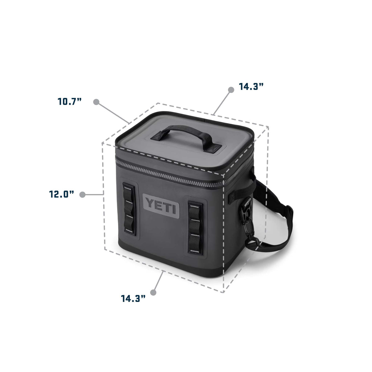 YETI Hopper Flip 12 soft cooler with lid closed showing exterior dimensions: 14.3" L x 10.7" W x 12.0" H.