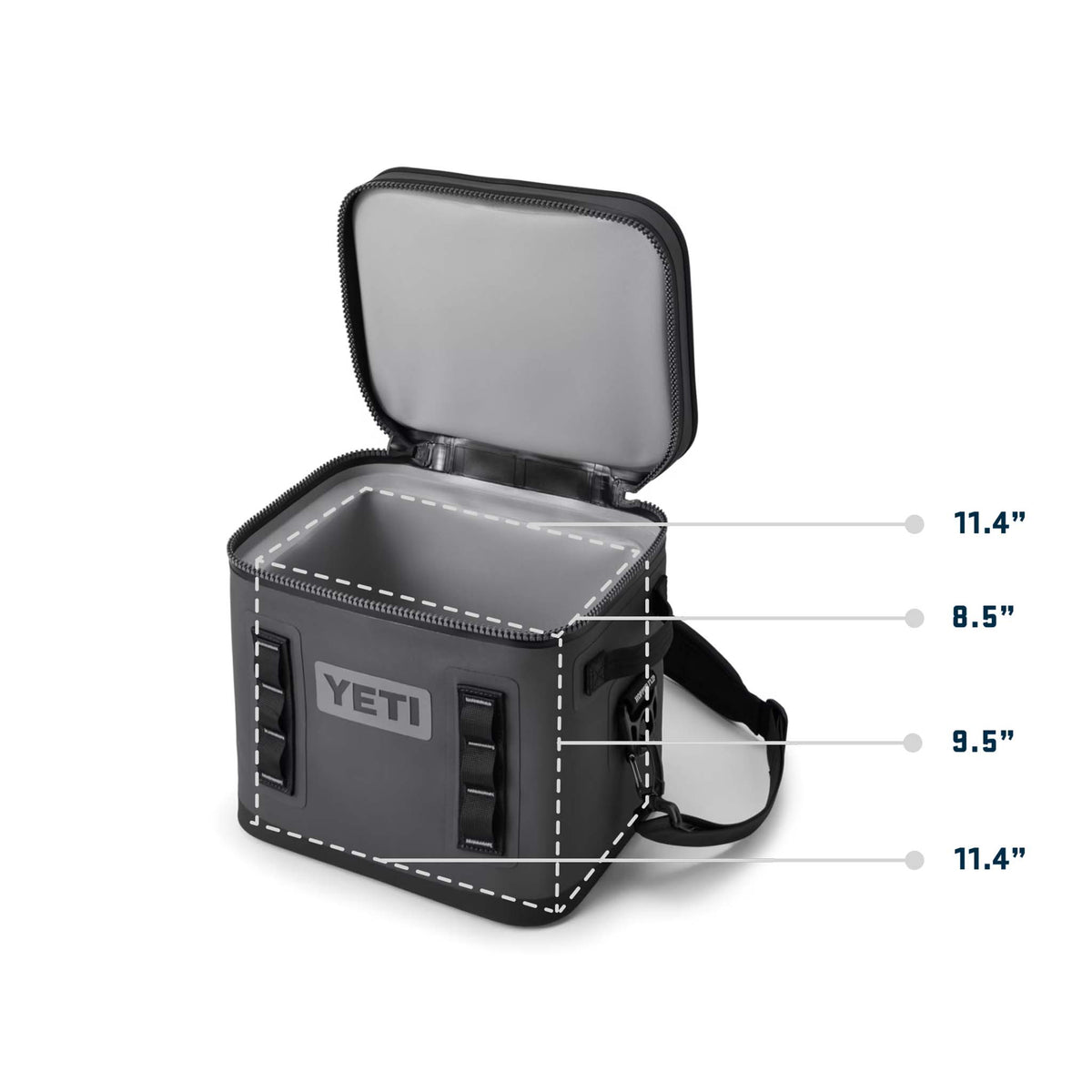 YETI Hopper Flip 12 soft cooler with lid open showing interior dimensions: 11.4" L x 8.5" W x 9.5" H, exterior width 11.4".
