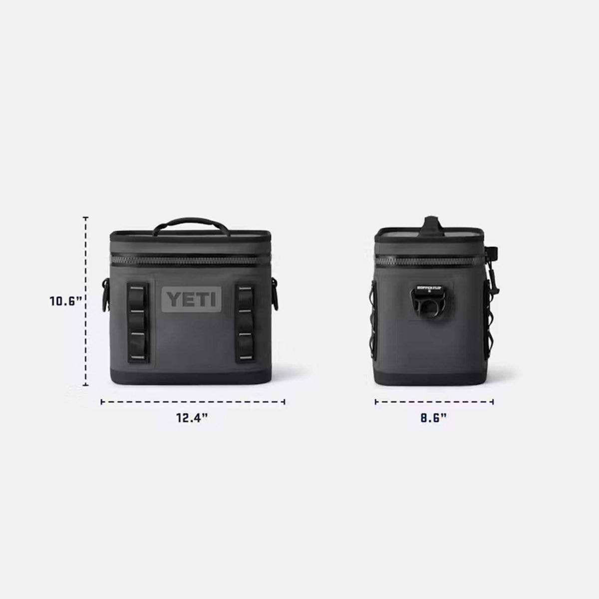 Front and side view of YETI Hopper Flip 8 cooler in grey, showing exterior dimensions: 10.6" tall, 12.4" wide, and 8.6" deep.