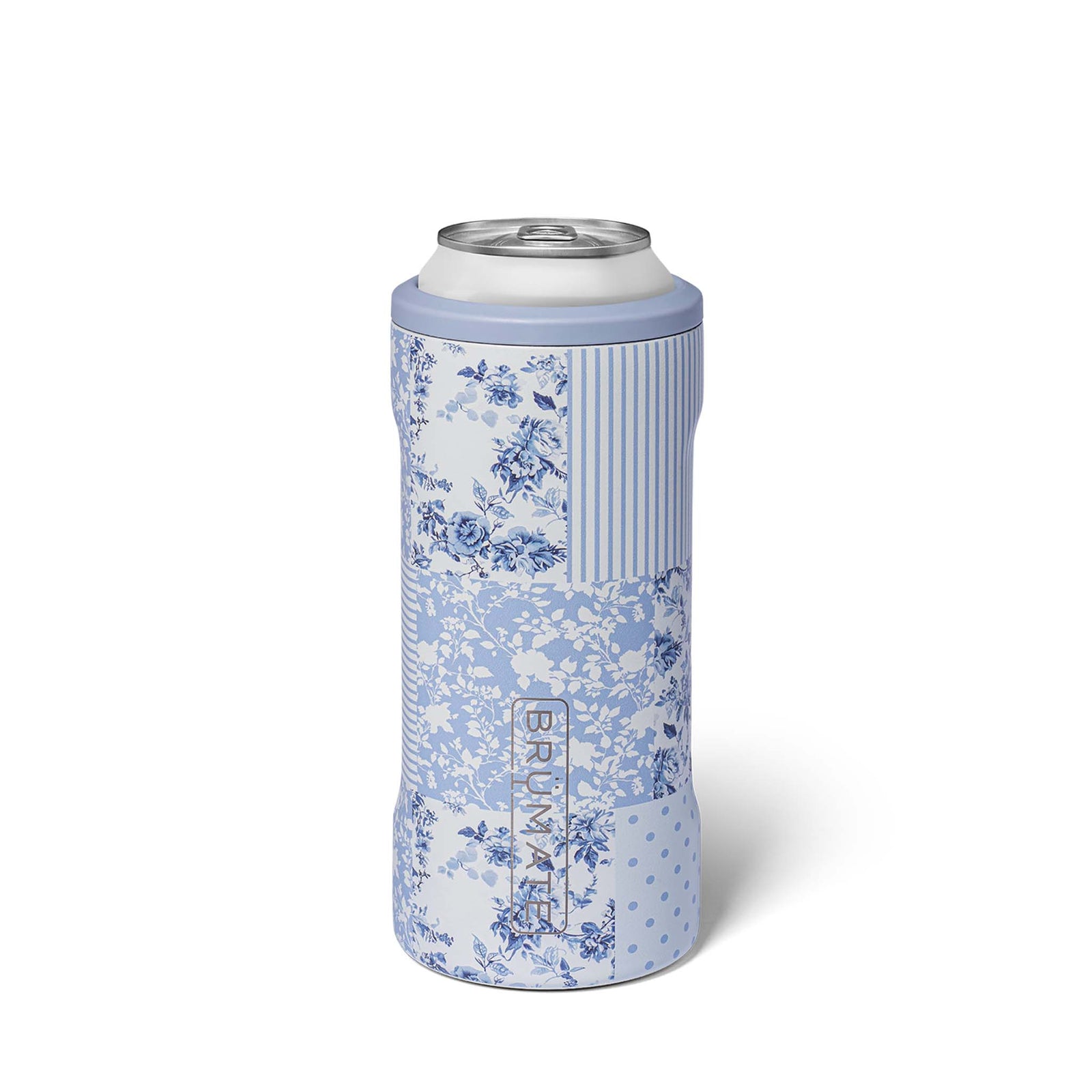 Can cooler with blue floral pattern on a white background
