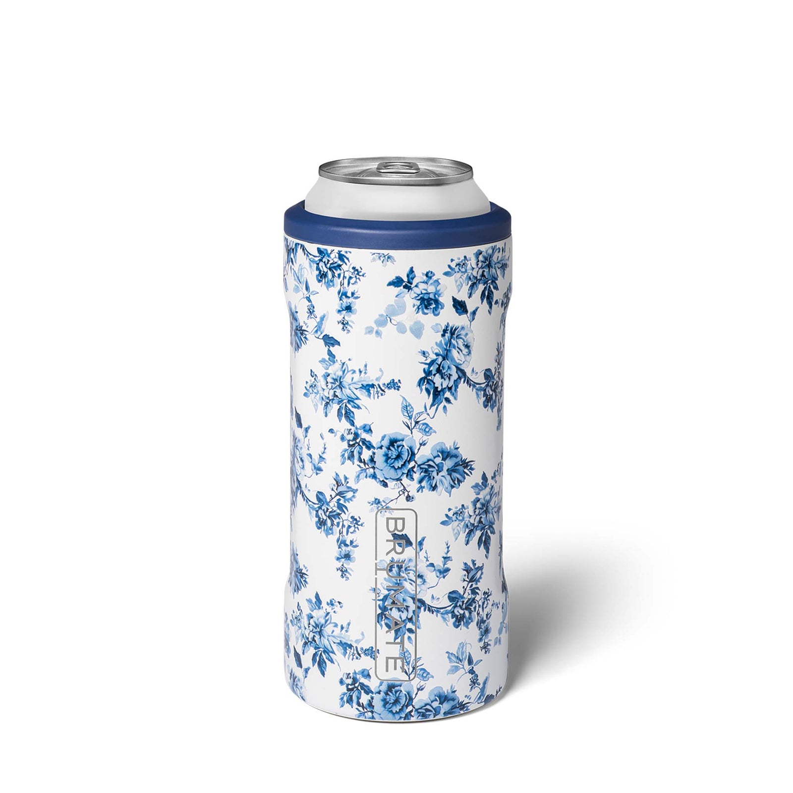 Can with a blue floral pattern on a white background