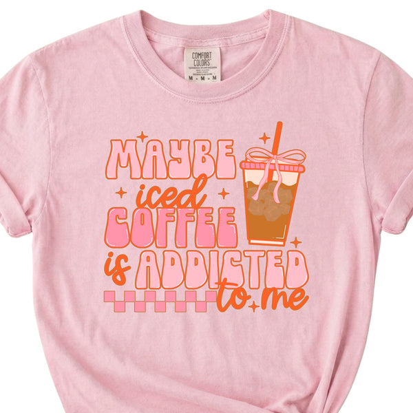 Dash Forward Maybe Iced Coffee is Addicted to me Short Sleeve T-Shirt in blossom pink with retro style graphics