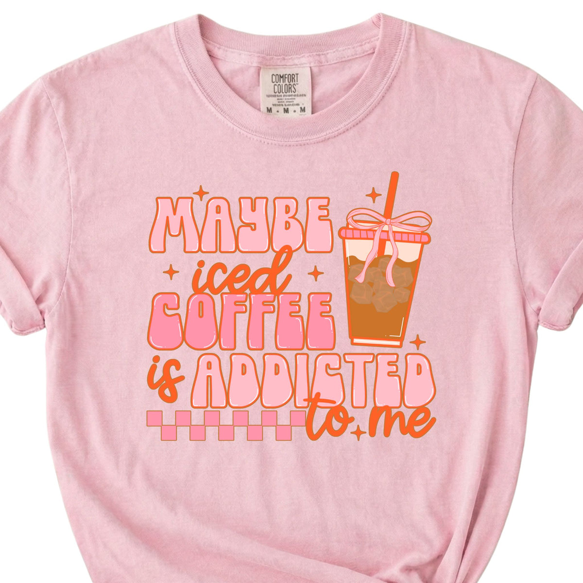 Dash Forward Maybe Iced Coffee is Addicted to me Short Sleeve T-Shirt in blossom pink with retro style graphics